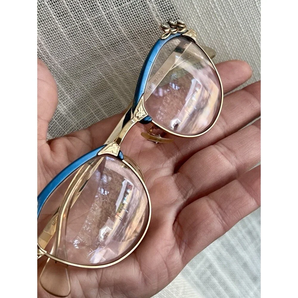 Vintage American Optical 1/10 12KGF Blue Cat Eye Rhinestone Eyeglass Frames